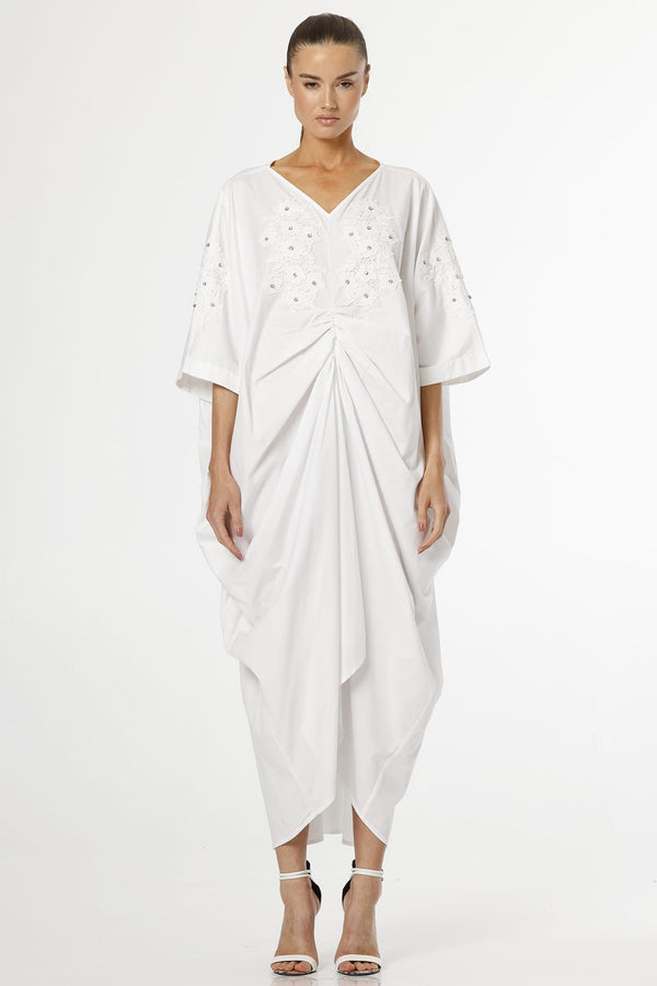 luxury white midi dress Small Luxury White Cotton Poplin Kaftan Dress – Relaxed Daywear Midi Dress