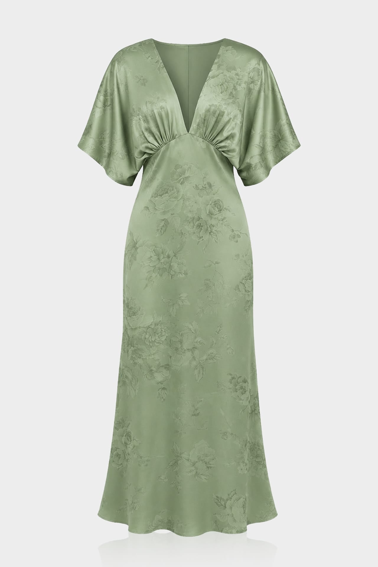 Standard / XS Sage Green V-Neck Floral Satin Bridesmaid Dress with Flutter Sleeves