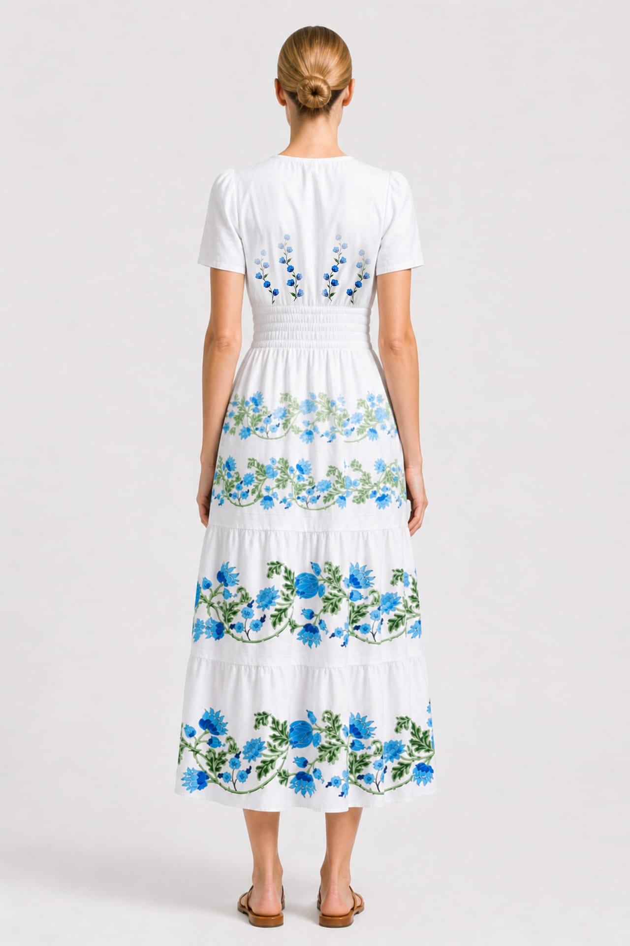 Blue & White Cotton Poplin Midi Dress with Pockets