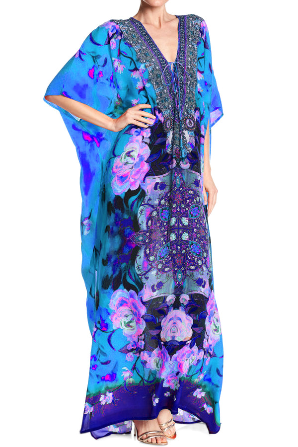 One Size Floral Kaftan Dress in Blue One Size Floral Kaftan Dress in Blue