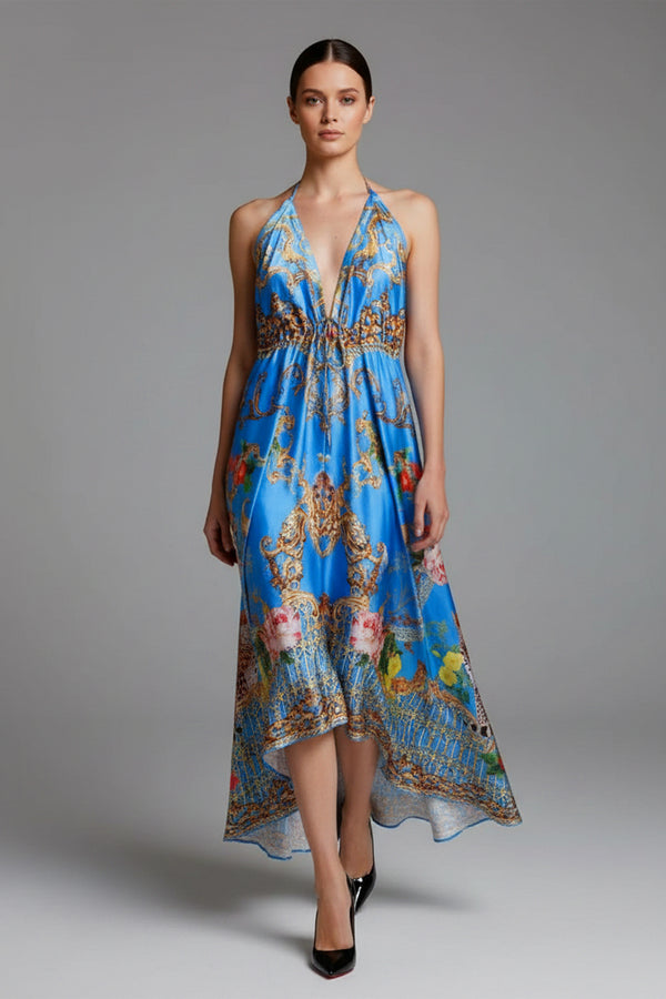 Azure Blue Floral Baroque Maxi Dress