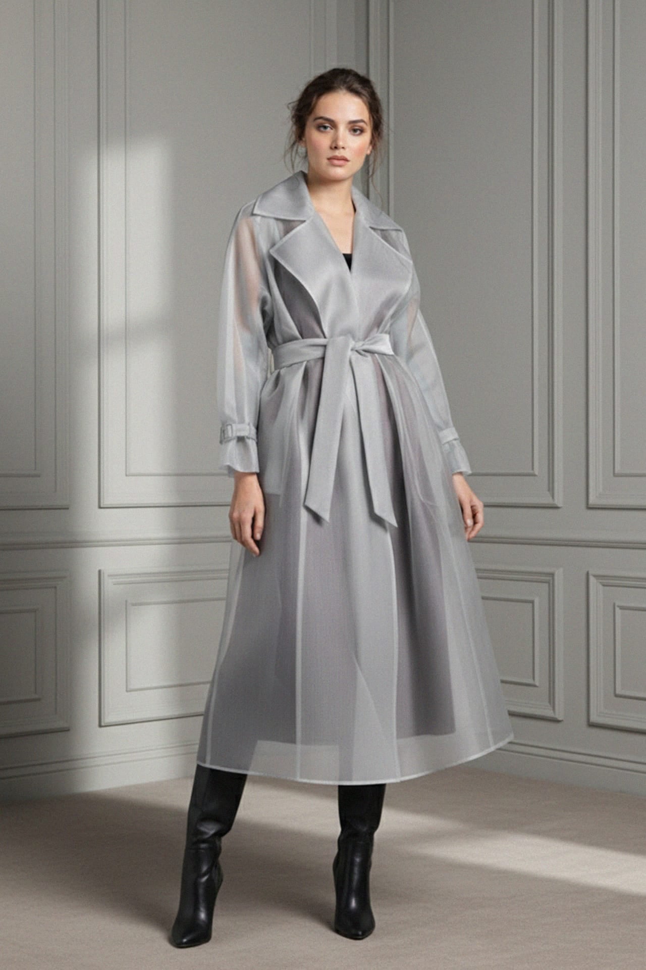 Soft Grey Sheer Silk Organza Trench Coat | Lightweight Coat Over