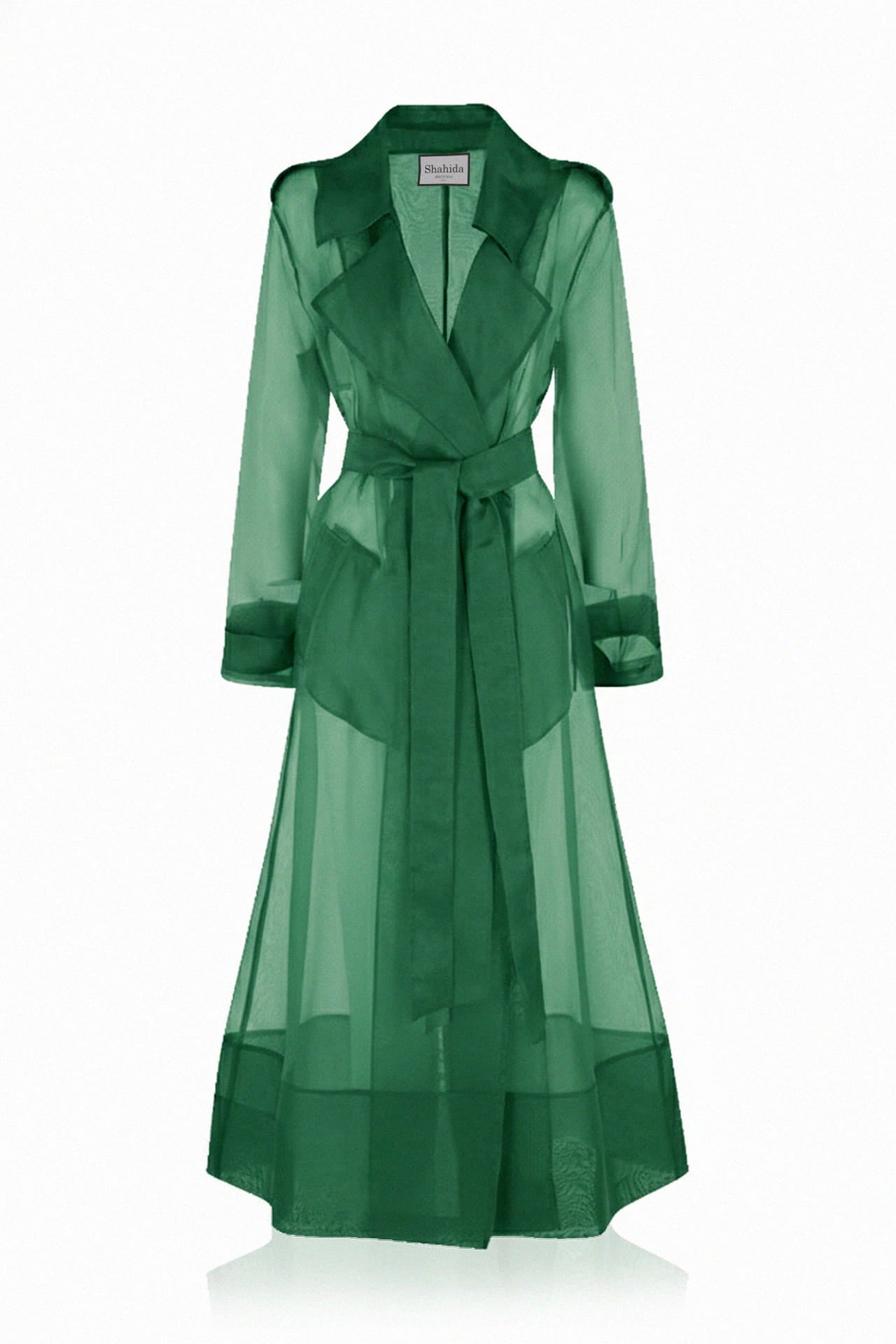 S Emerald Green sheer trench coat in silk organza for Evening Wedding