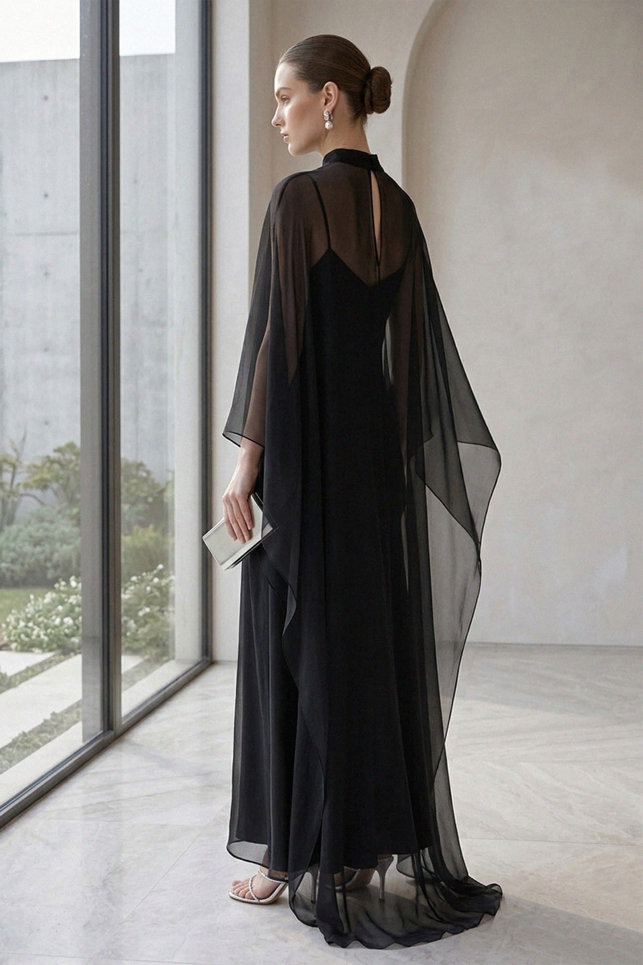 maxi dress women party S Black Sheer Organza Cape Overlay Gown