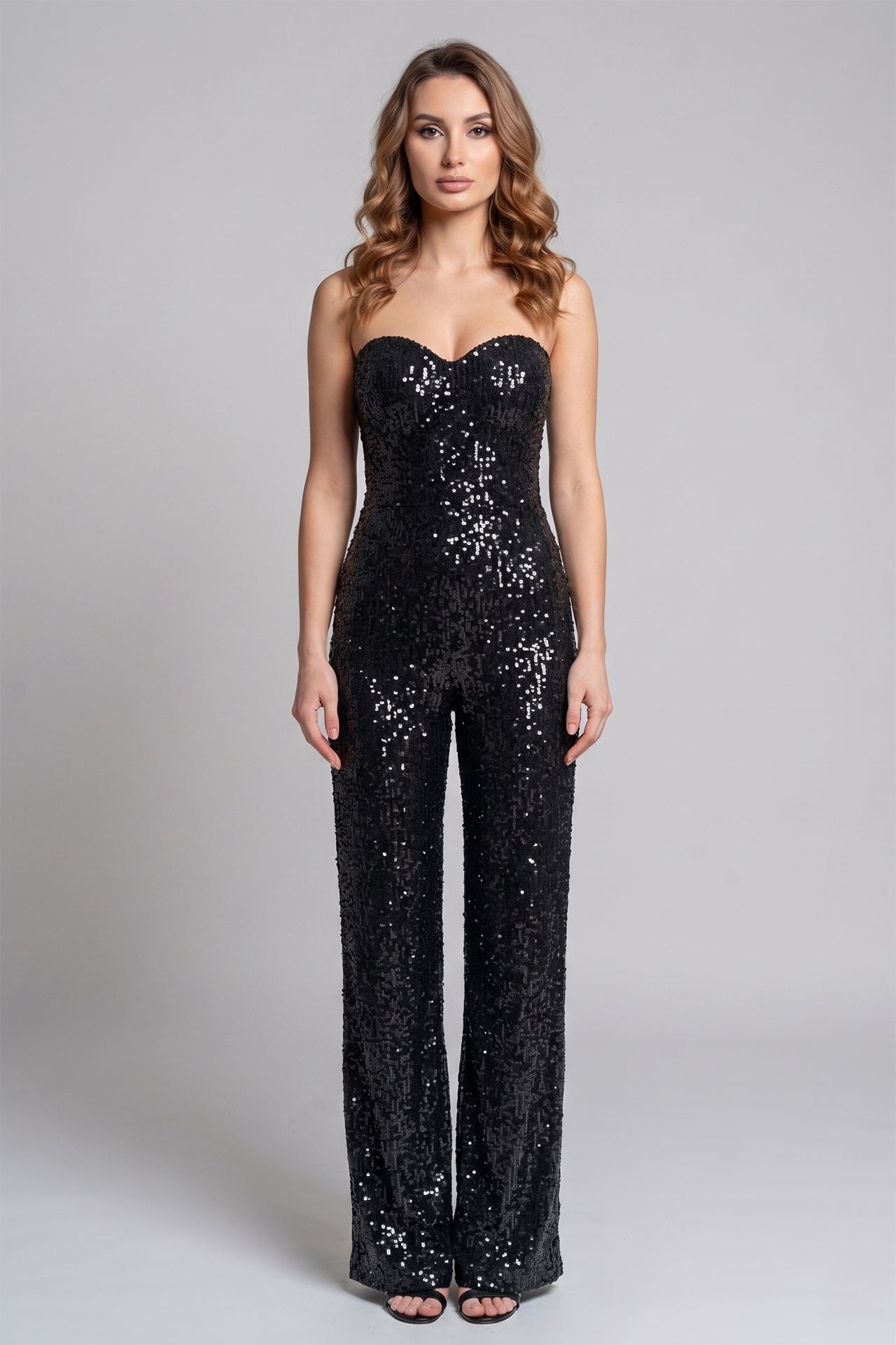 XS Black Strapless Sequin Jumpsuit for Women – Luxury Evening Wear