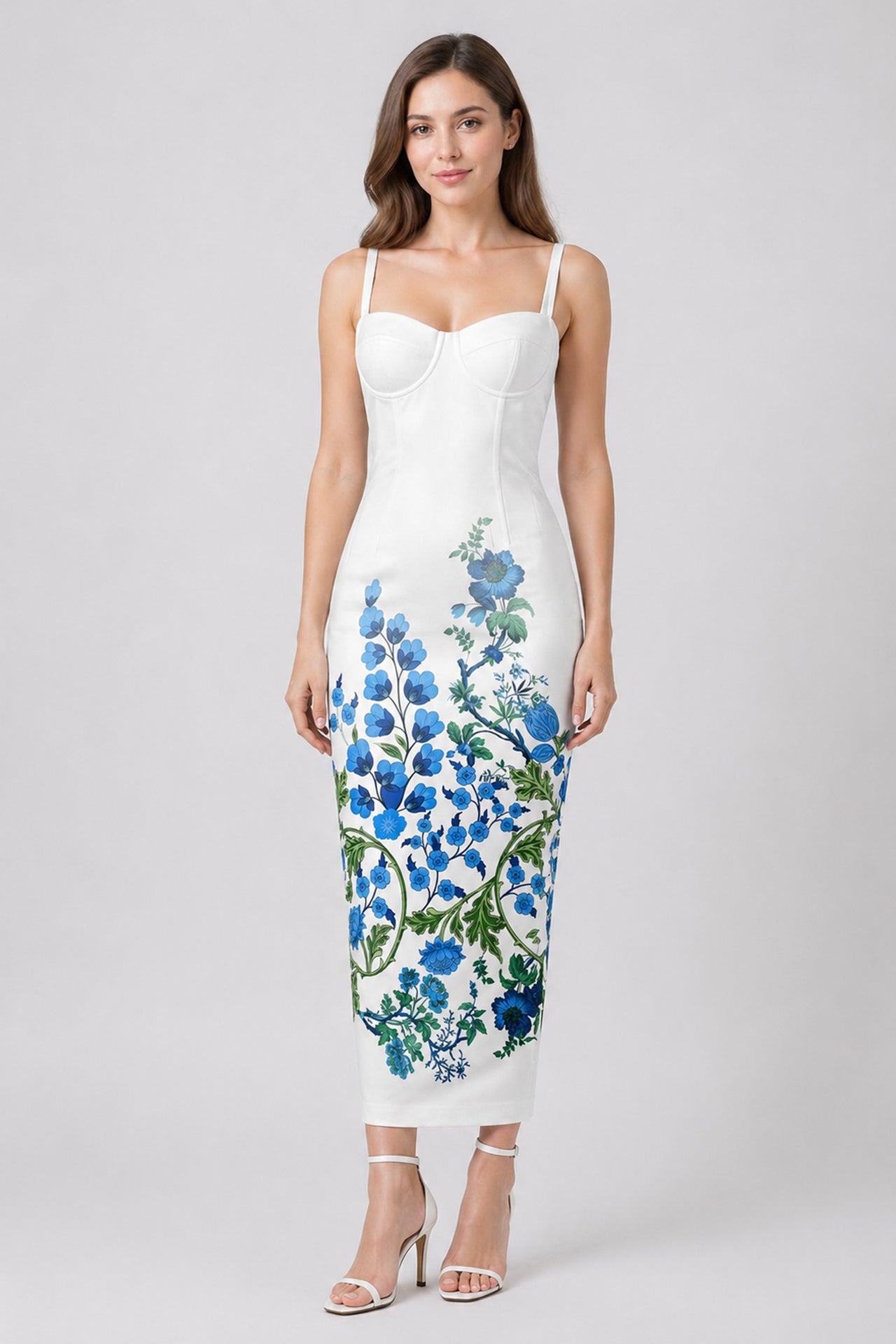 S Blue Floral Corset Bodycon Midi Dress S Blue Floral Corset Bodycon Midi Dress