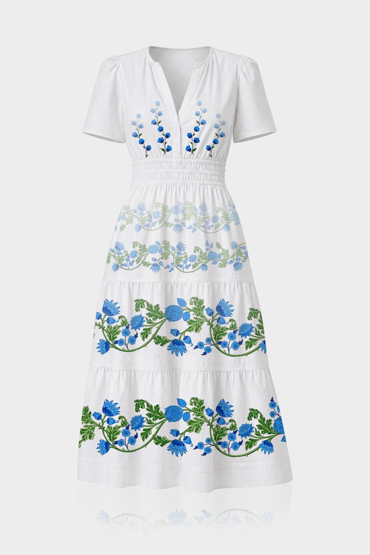 Luxury Blue & White Floral Midi Dress for Amalfi Coast Vacations – Shahida Parides