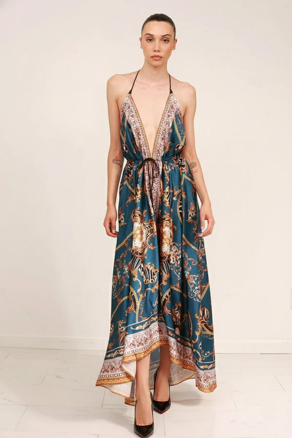 Blue Grey Baroque Scarf Print Halter Maxi Dress | Shahida  Shahida Parides
