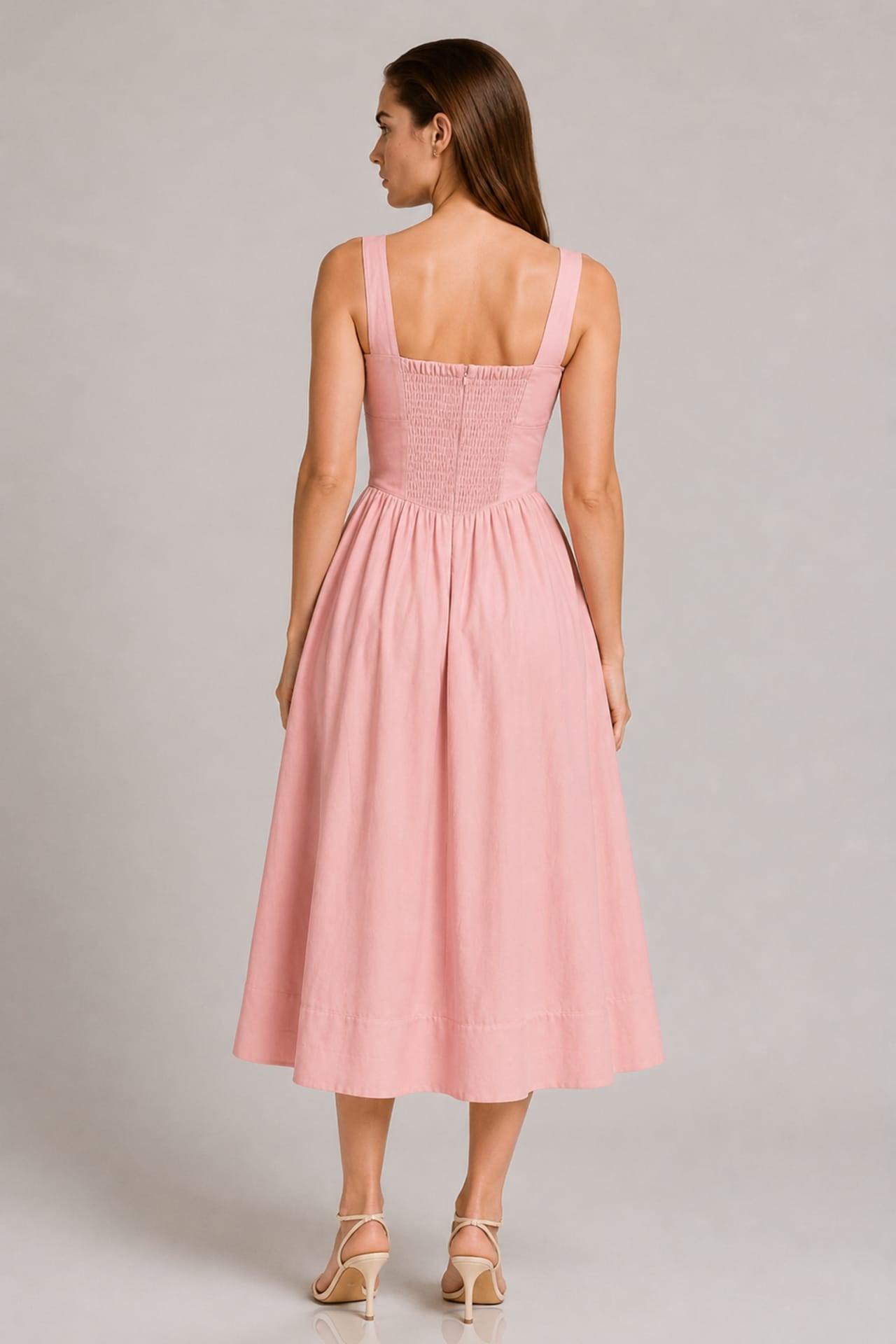 Blush Pink Linen Corset Midi Dress