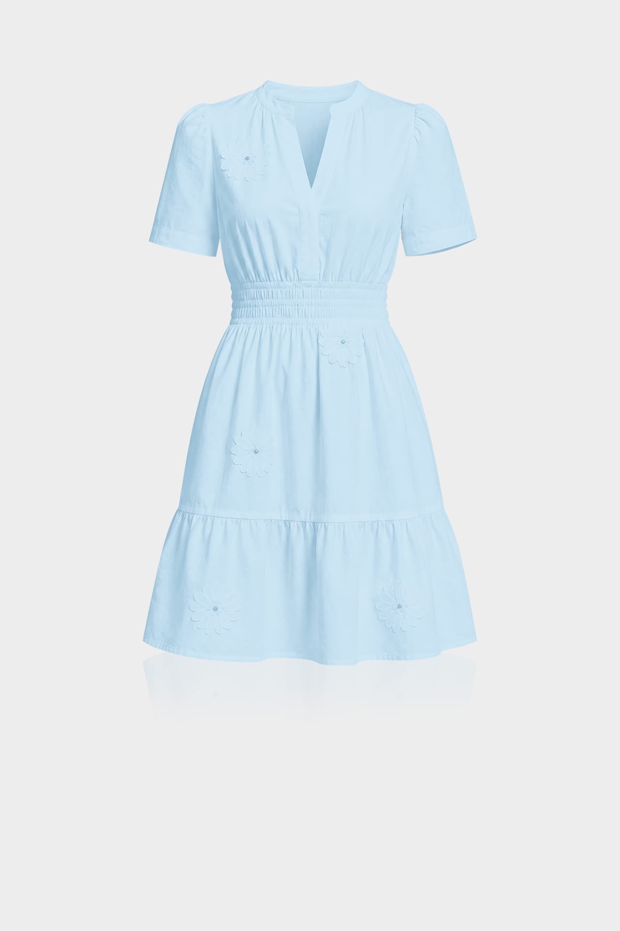 S Sky Blue 3D Floral Appliqué Brunch Mini Dress – Smocked Waist Floral Mini Dress