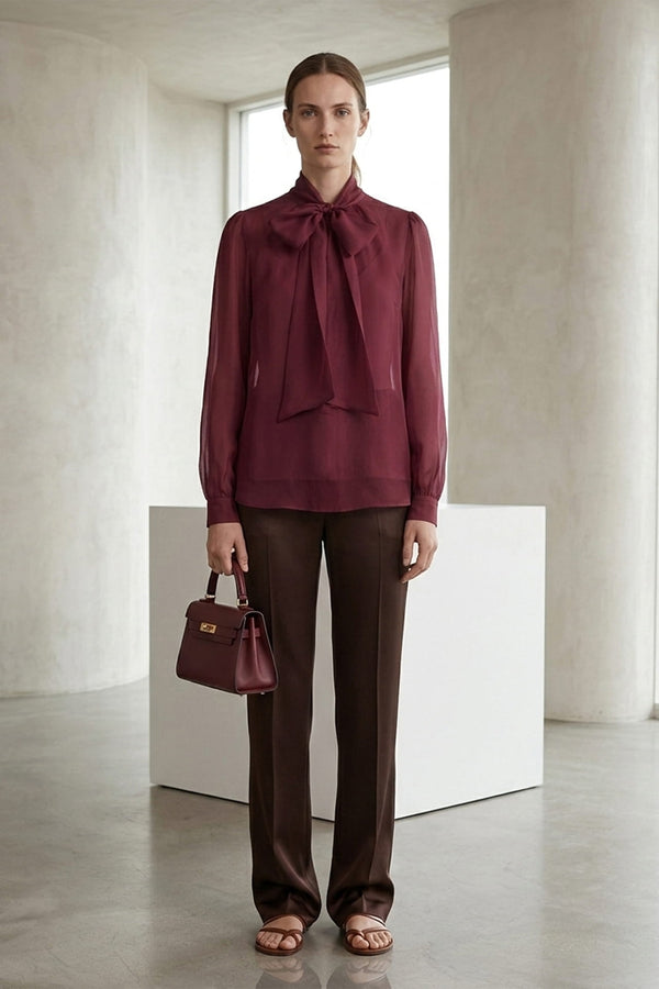 Burgundy Tie Neck Sheer Organza Shirt | Shahida Shahida Parides Burgundy Tie Neck Sheer Organza Shirt | Shahida Shahida Parides