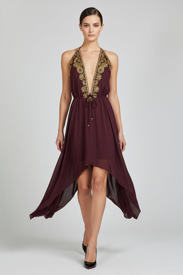 Burgundy Hand-Embroidered Handkerchief Hem Dress