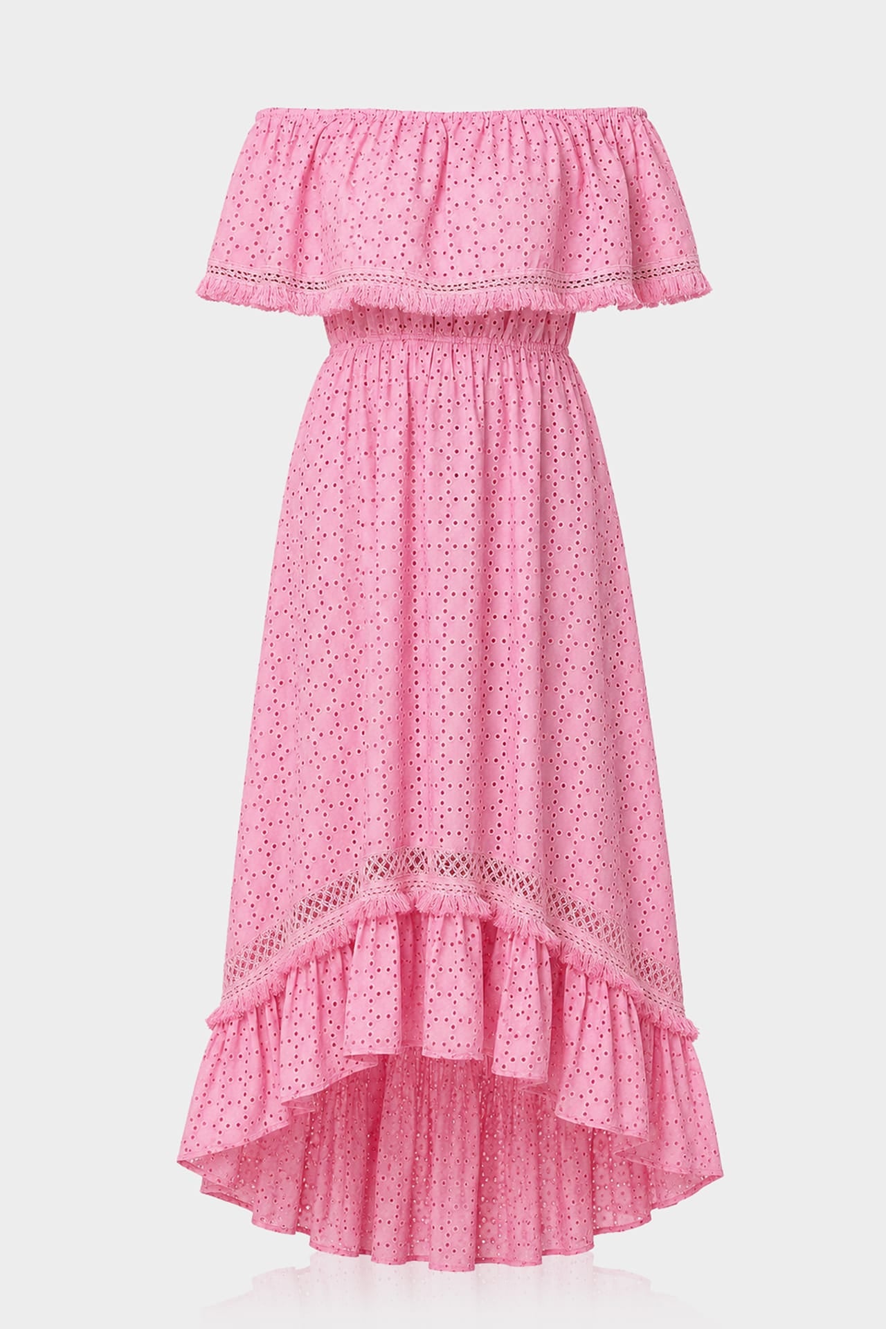pink eyelet maxi dress Off-Shoulder with Ruffle Hem – Shahida Parides Pattern_Abstract Time to admire the Color:nude/silver/gold/aqua