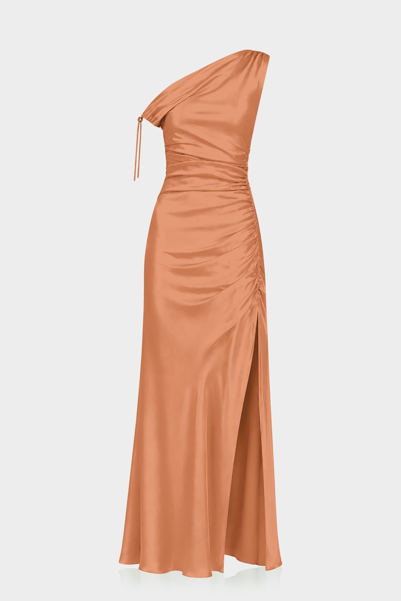 satin maxi dress with slit S Luxury Cinnamon One Shoulder Gathered Stretch High Size:32 Short style hem What's New & Now Women's Cream Textured Strappy