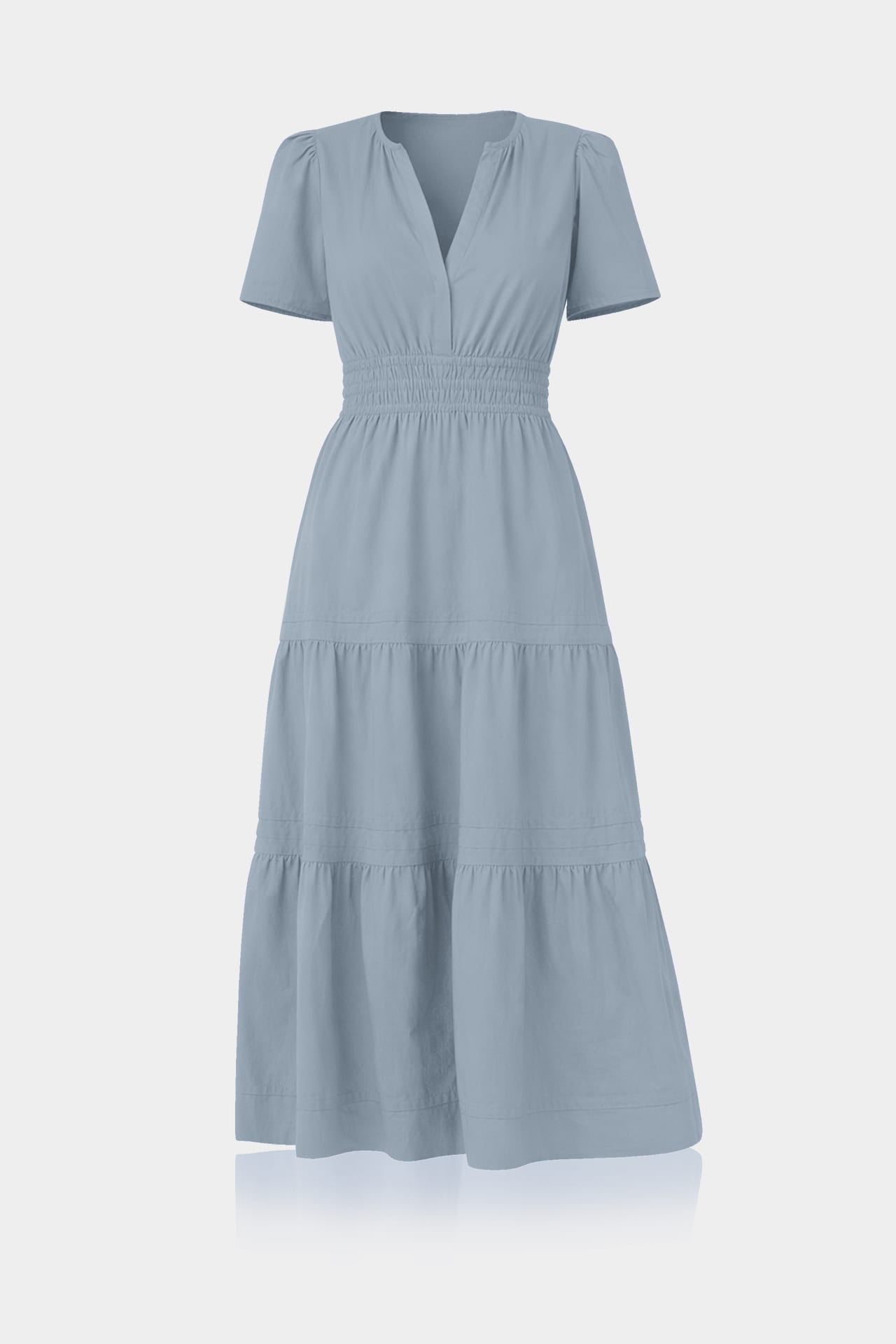 Standard / S Dusty Blue Smocked Waist Cotton Midi Dress for Women – Business Casual & Everyday Wear