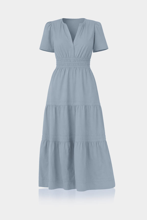 Standard / S Dusty Blue Smocked Waist Cotton Midi Dress for Women – Business Casual & Everyday Wear