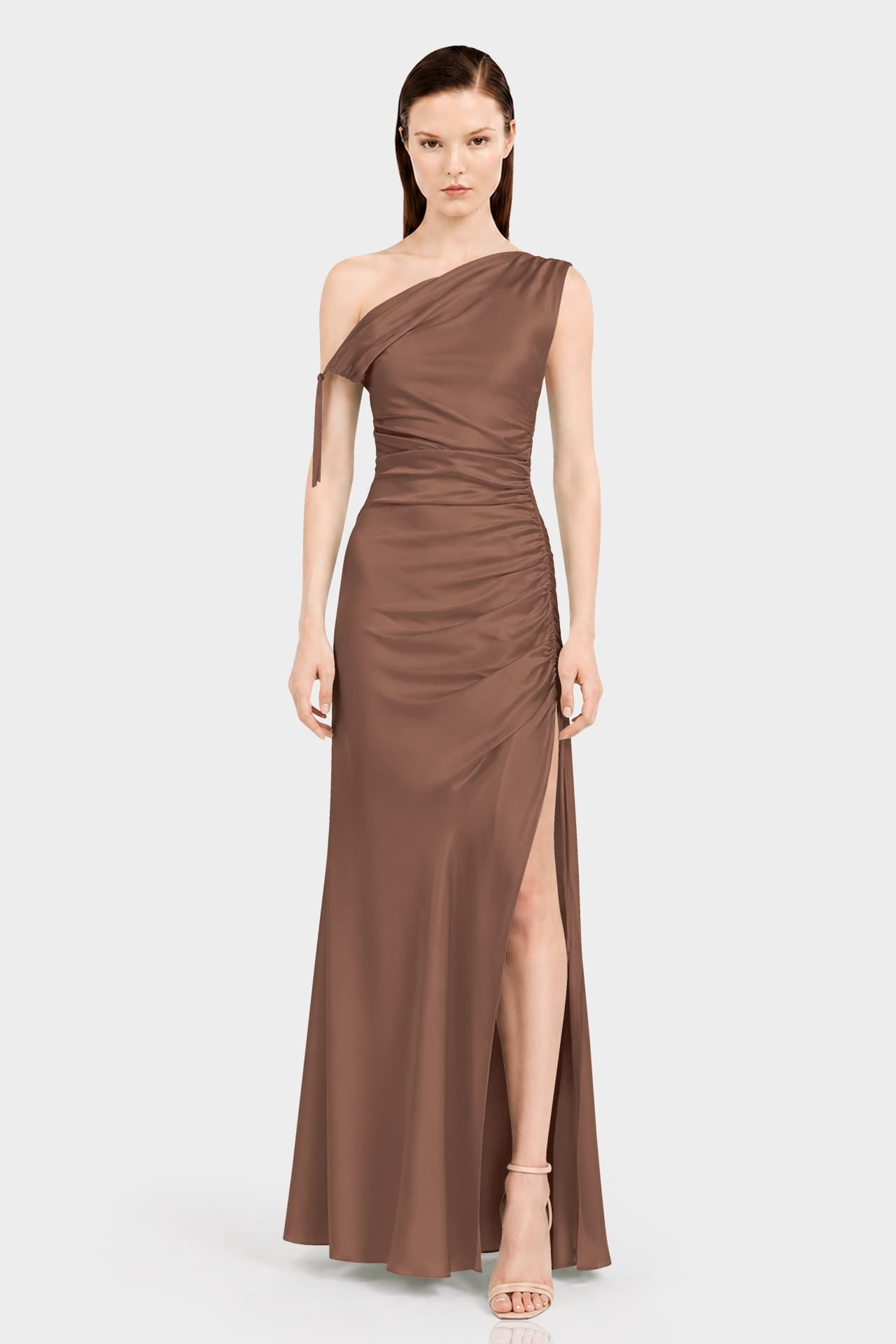 S Designer Chocolate Gathered Asymmetrical Neckline Maxi Occasion Dress