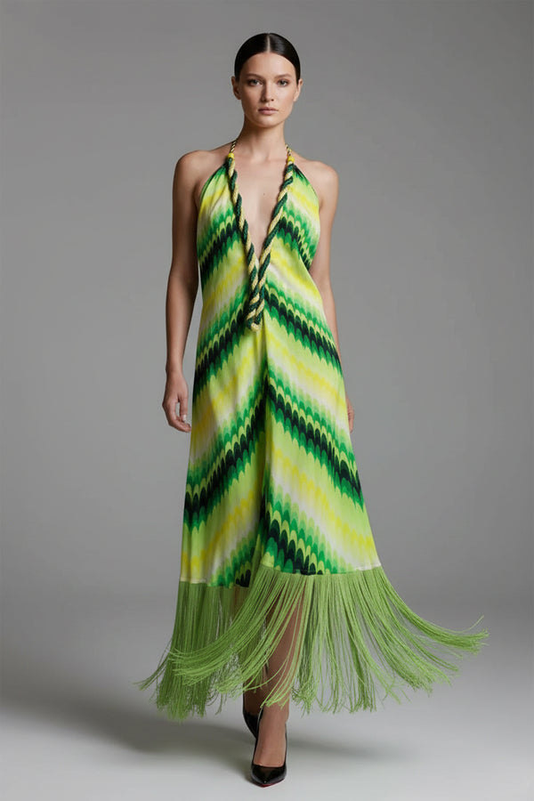 One Size Green Stripe Print Fringe Dress One Size Green Stripe Print Fringe Dress