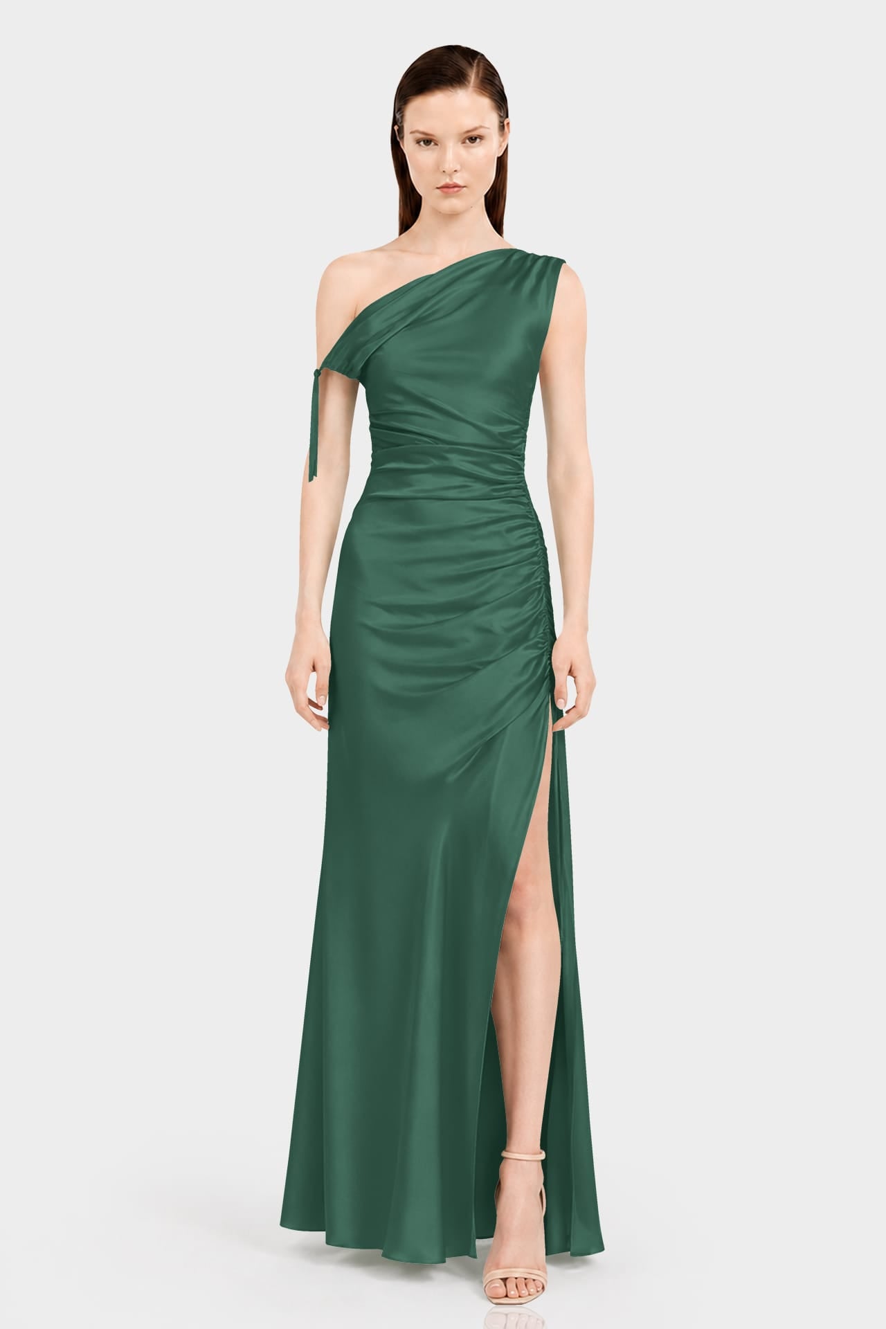 hunter green satin dress One Shoulder Evening Gown – Shahida Parides SMOKY BLUE PROM GOWN quality Satin Color:Deep Espresso Stretch Nappa Bebe Women's Long Sleeve