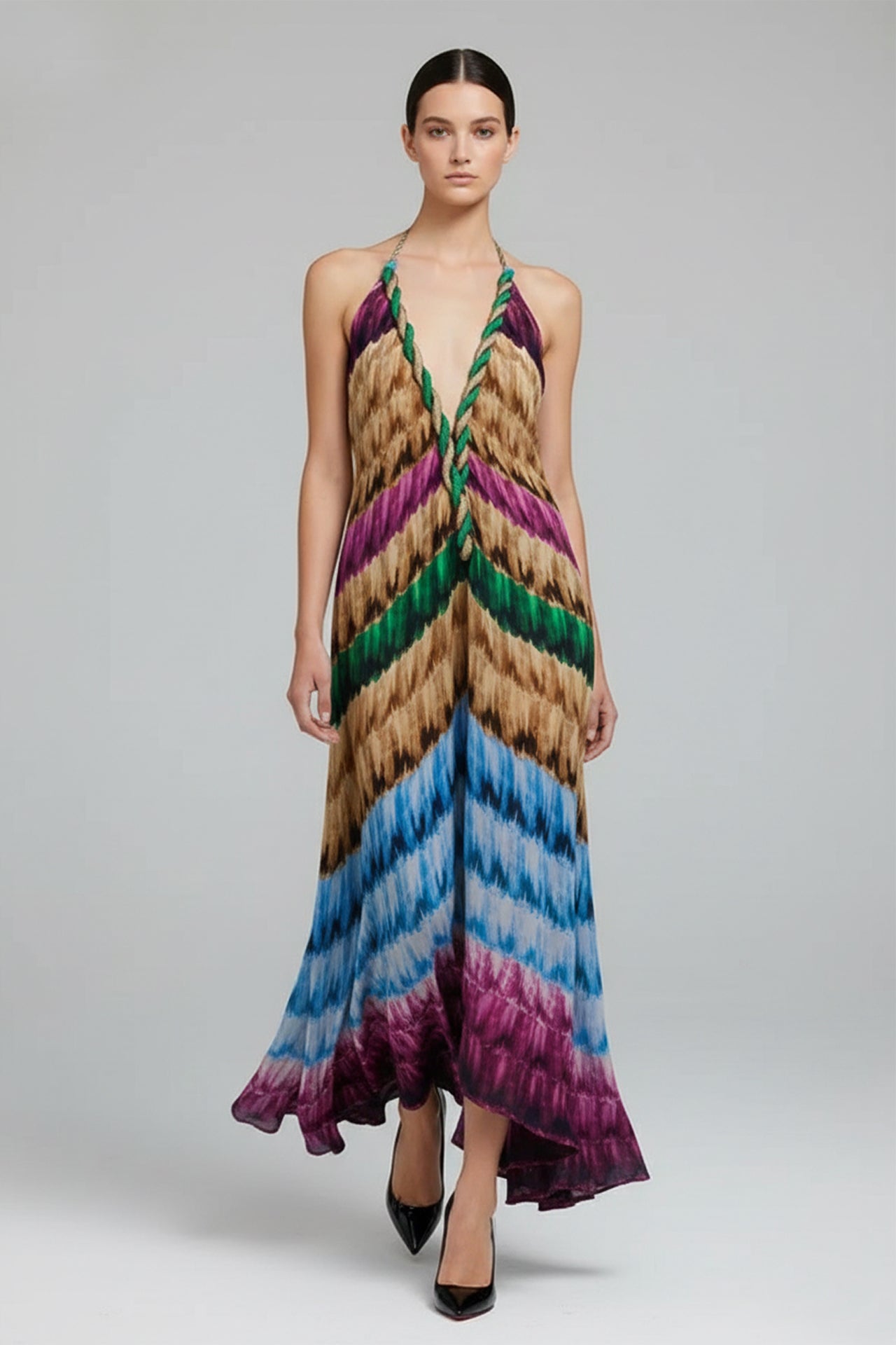 Designer Stripe Print Dress - Long Maxi Dress in Fuchsia