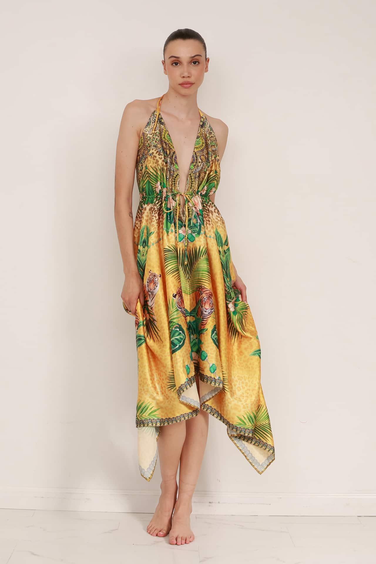 womens yellow maxi dress Printed Evening Dress in Yellow