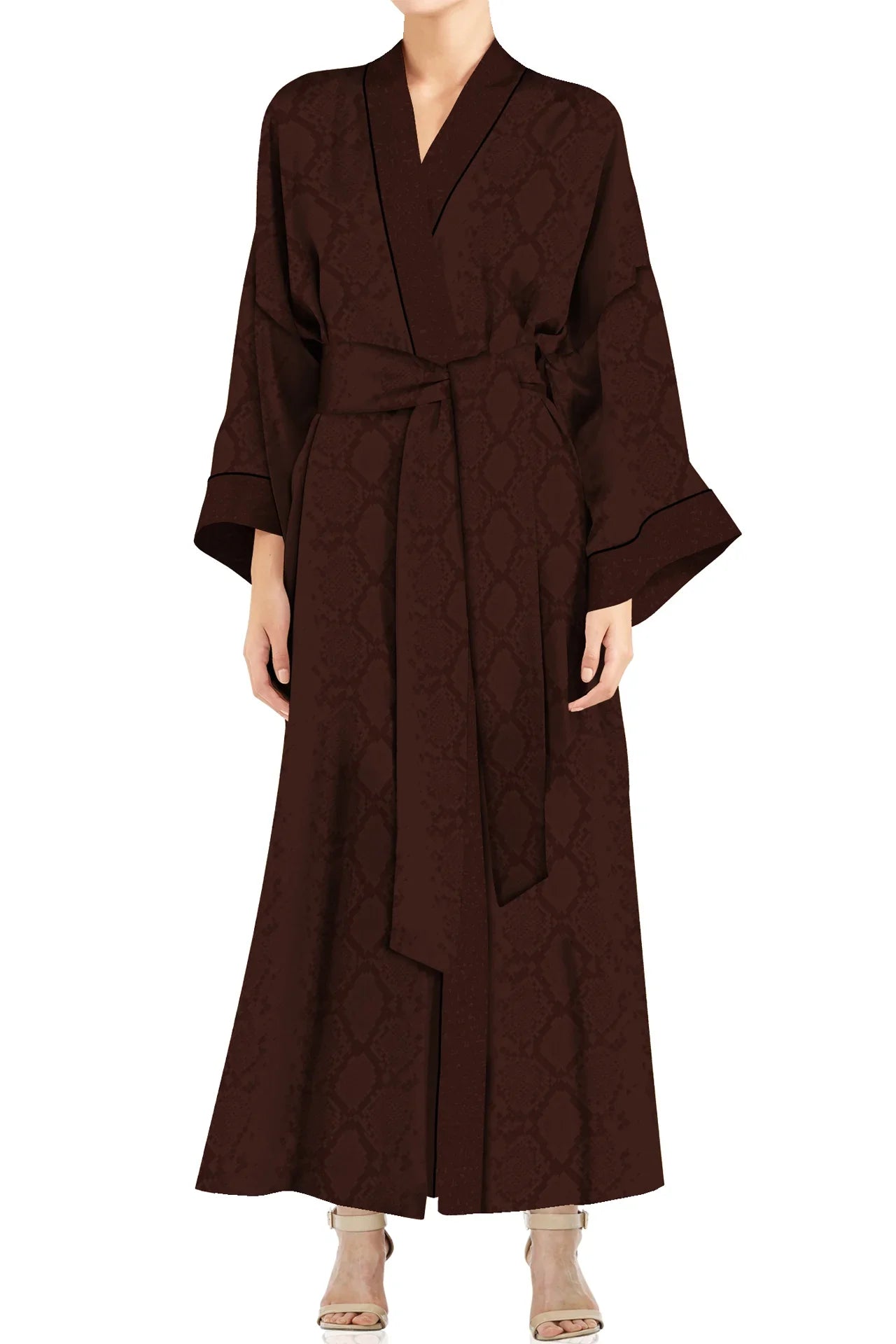 Classic Comfort: Midi-Length Kimono Solid Brown Robe Dress – Shahida Parides