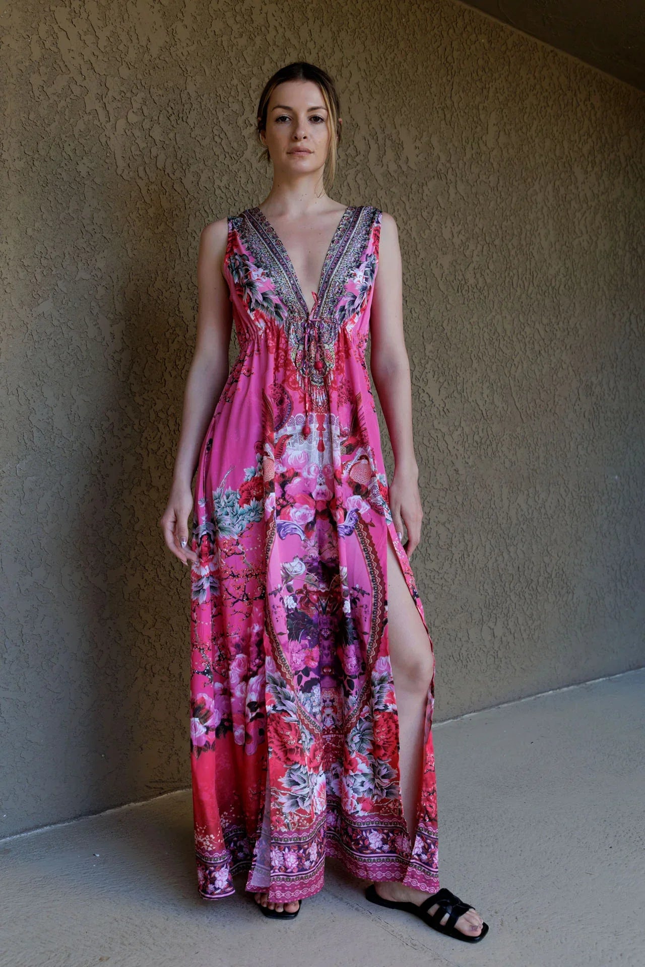 pink dresses for women maxi Designer Maxi Dress for Women | Plunging V Neckline