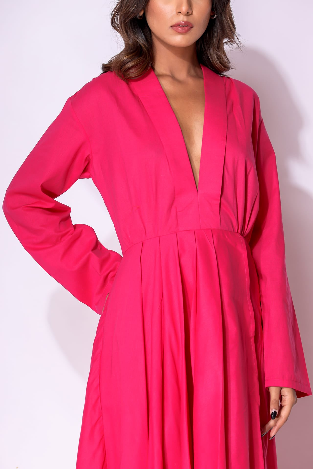 S Fuchsia Pink Long Sleeve Plunge Neck Cotton Maxi Dress for Women