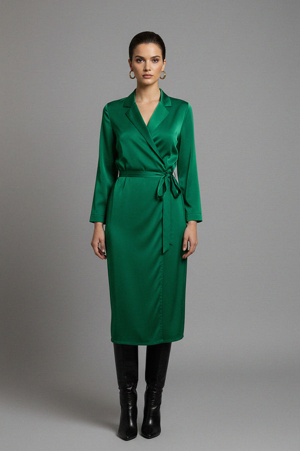 Green Midi Length Wrap Dress Made with Vegan Silk Shahida Parides Green Midi Length Wrap Dress Made with Vegan Silk Shahida Parides