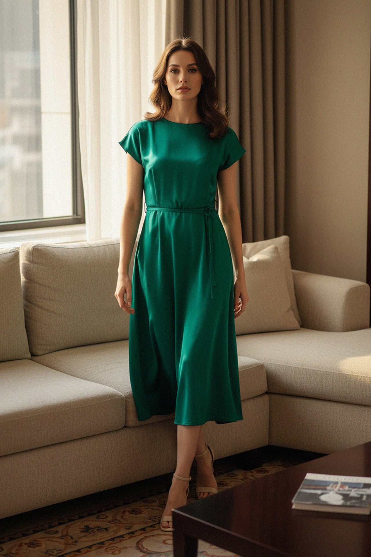knee length dresses for ladies Olive Green Satin Midi Dress – Gabi Swimwear
