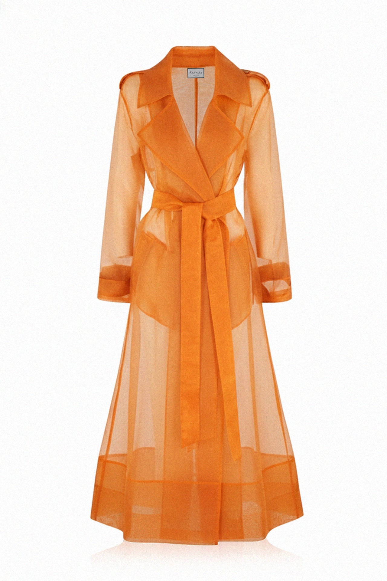 S Sunset Orange Sheer Trench Coat – Lightweight Organza Layer for Destination Weddings