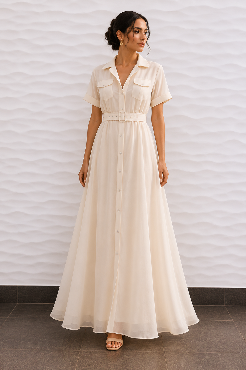 S Ivory Belted Sheer Organza Shirt Collar Button-Down Maxi Dress