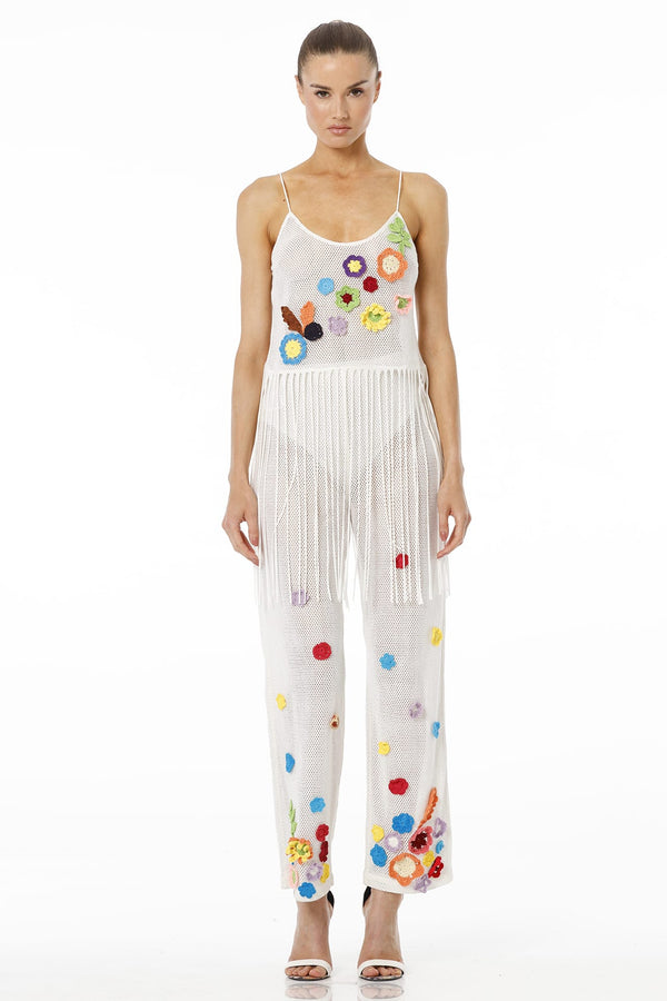 Small White Sheer Mesh Jumpsuit with Multi Color Crochet Floral Appliqu and Fringe Detailing Small White Sheer Mesh Jumpsuit with Multi Color Crochet Floral Appliqu and Fringe Detailing
