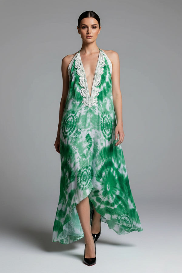 Emerald Green Tie-Dye Silk Scarf Maxi Dress for Women