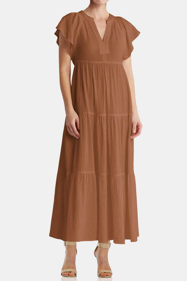 Solid Flutter Sleeve Designer Dress | Brown Maxi Dress for Women Shahida Parides Solid Flutter Sleeve Designer Dress | Brown Maxi Dress for Women Shahida Parides