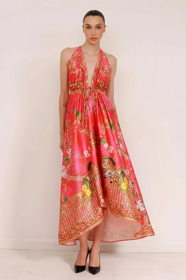 chinese dress ladies Fuchsia Floral Print Maxi Knit Dress  Filly Flair