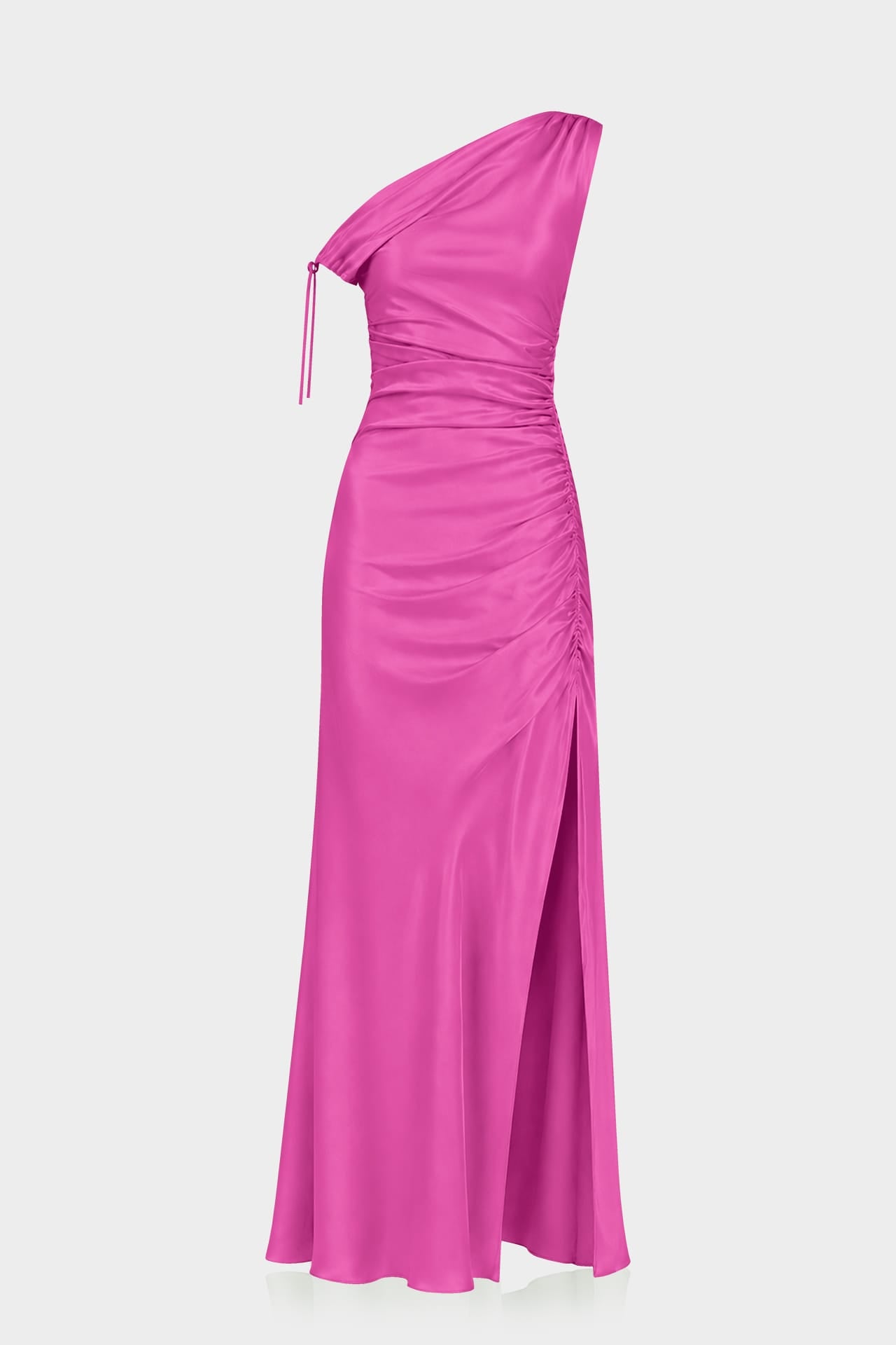 S Fuchsia Pink Gathered Stretch Satin Bridesmaid Maxi Dress