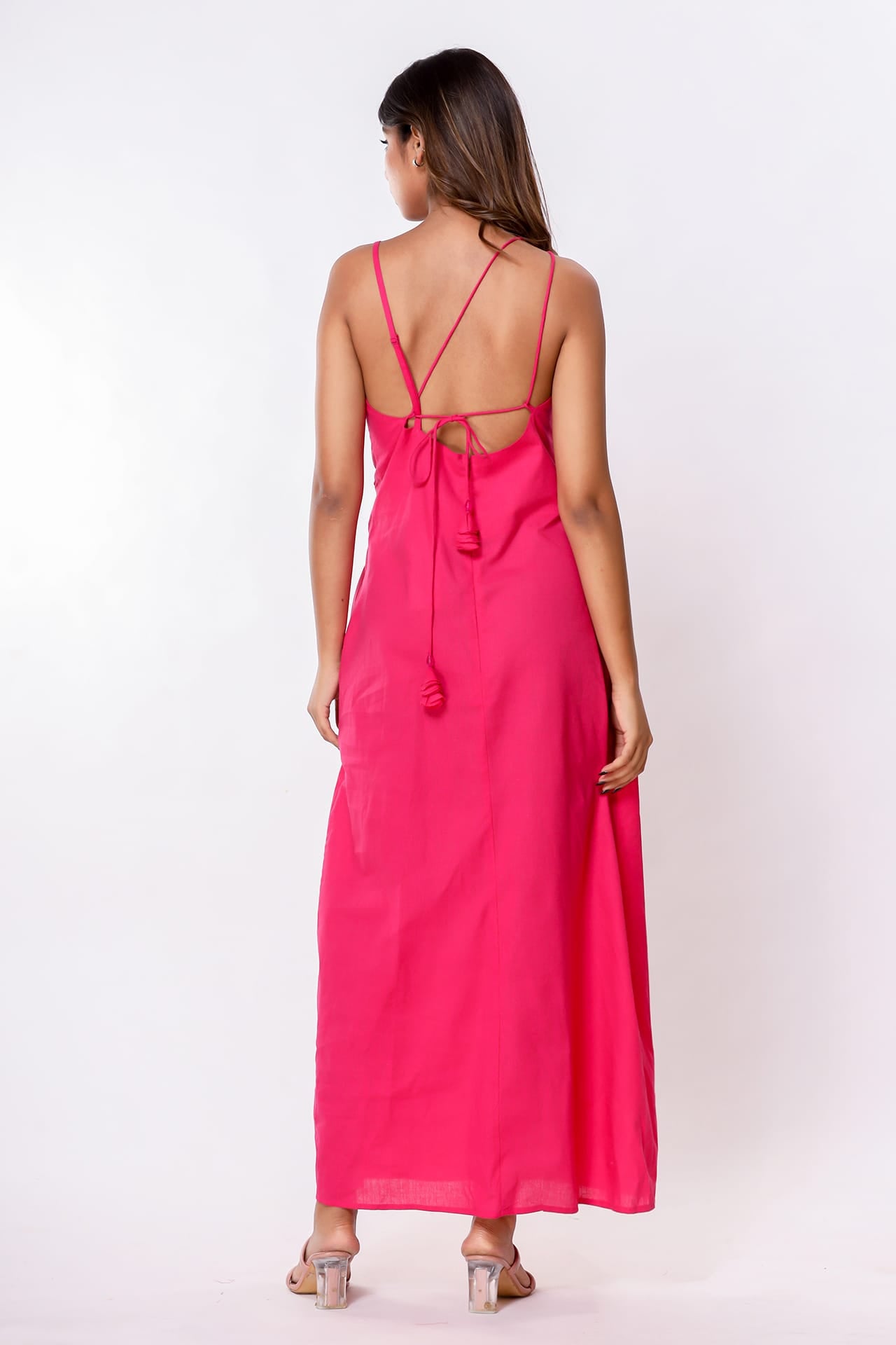 S Luxury Fuchsia Pink Open Back Cotton Maxi Dress for Women – Cocktail Night Dress