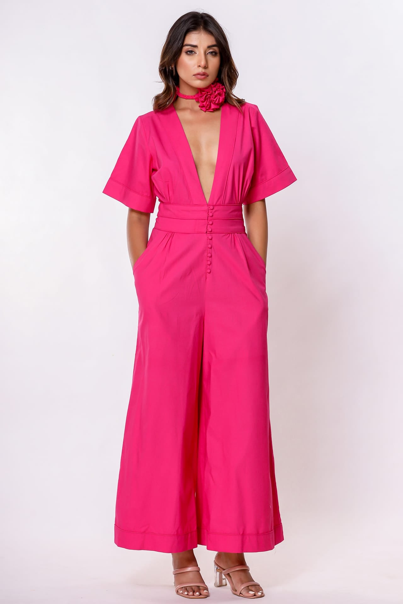 S Luxury Fuchsia Pink Plunge Neck Wide Leg Jumpsuit – Resort Dinner Outfit
