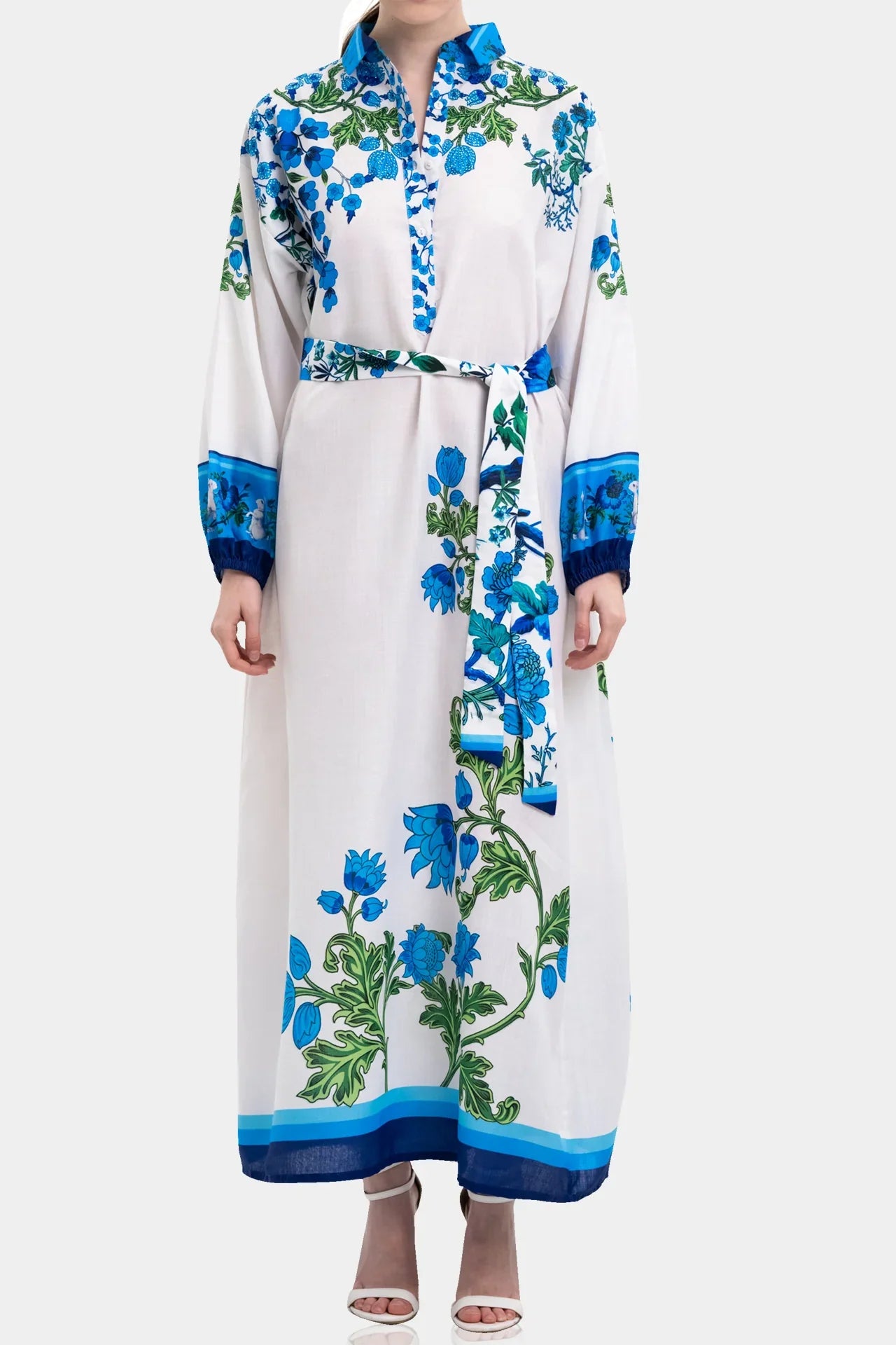 Elegant White & Blue Floral Cotton Maxi Shirt Dress with Full Sleeves