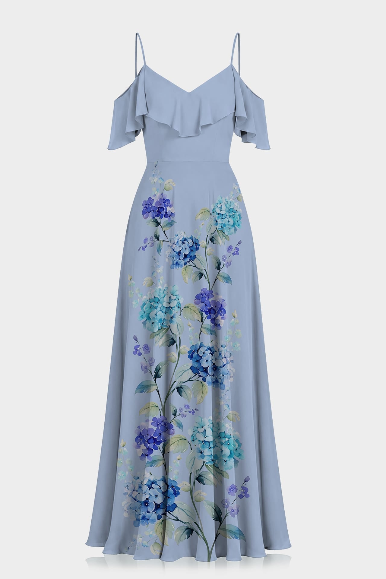 hydrangea blue bridesmaid dresses S Floral Cold Shoulder Ruffle Dress Skirt length Size:V Long Champagne Satin Off Day-to-Night