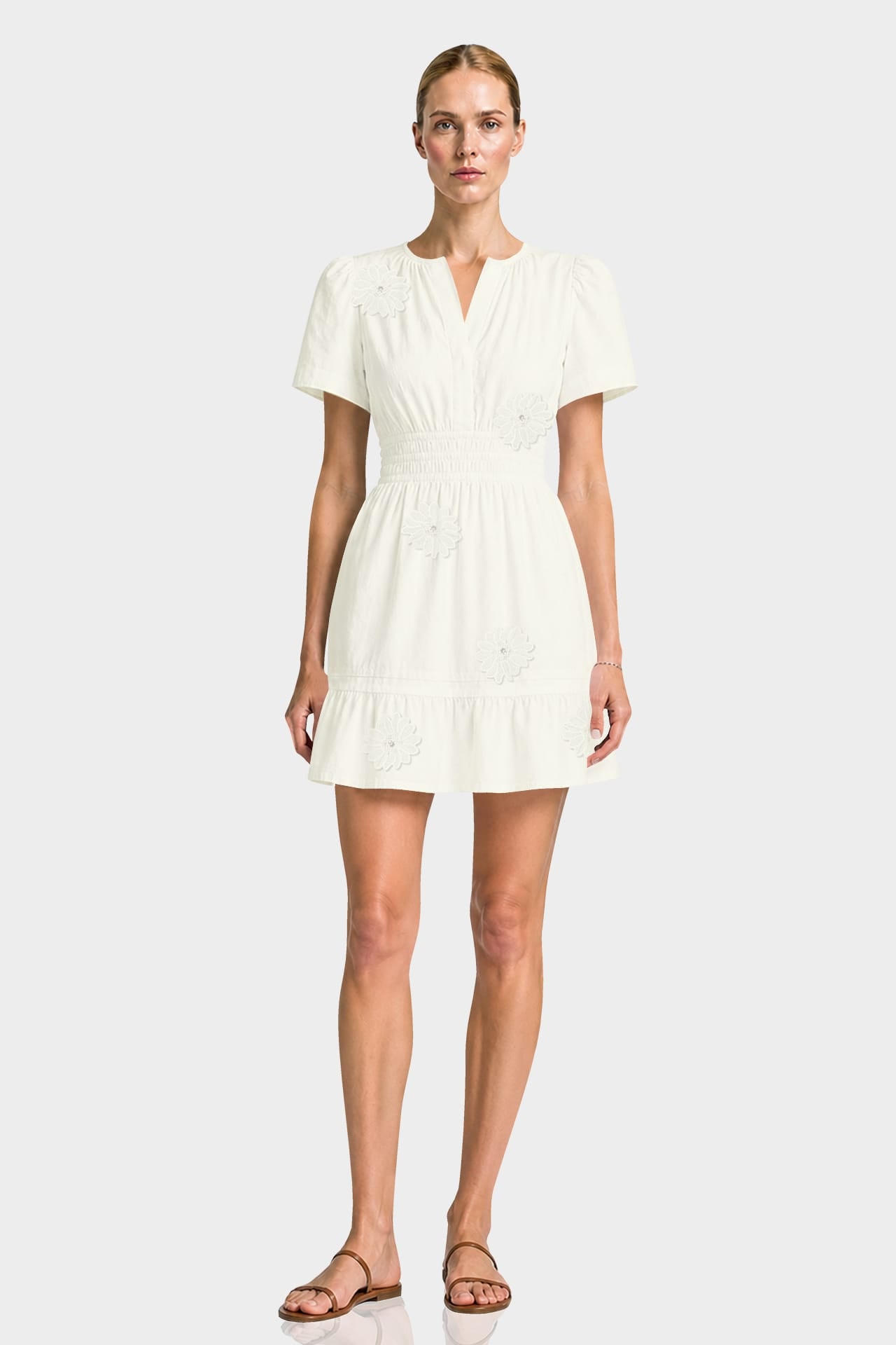 S Ivory 3D Floral Appliqué Bridal Shower Mini Dress – Smocked Waist Mini Dress