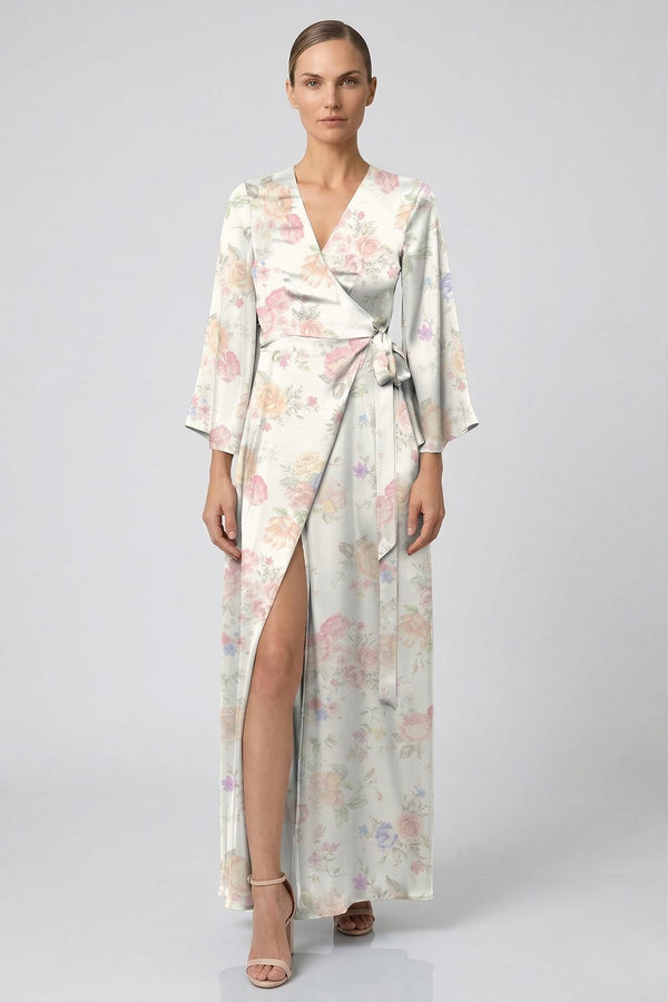 maxi dresses bridal shower Ivory Floral Satin Wrap Dress