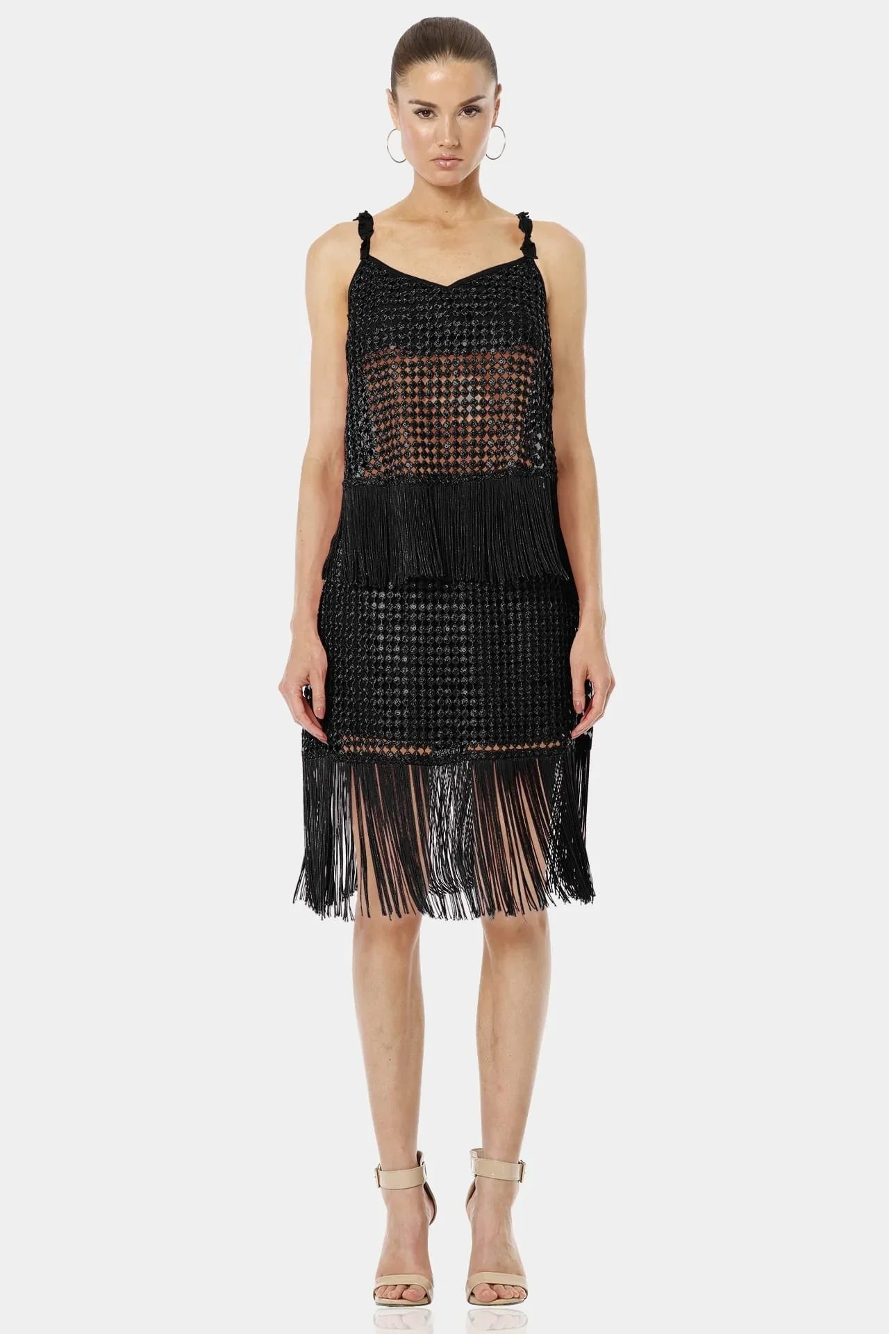 ladies black dress tops Black Sequin Top | Sheer Sequin Top | Fringe Sequin Top