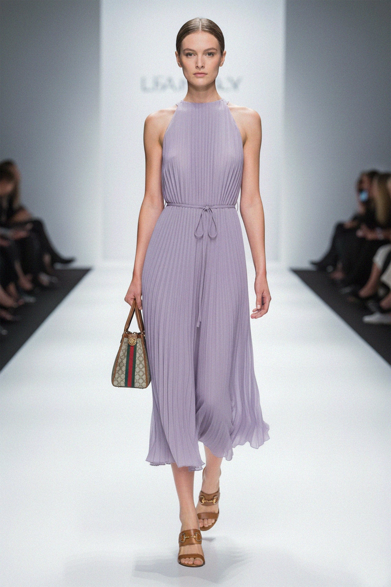 silver halter neck prom dress Lavender Floral Pleated Halter Midi Dress main image 1