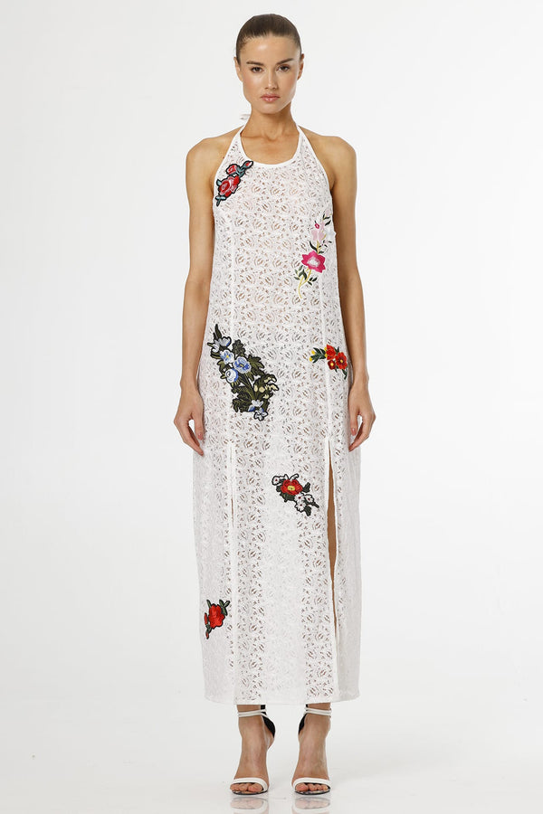 Small White Floral 3D Applique Dress With Double Slits