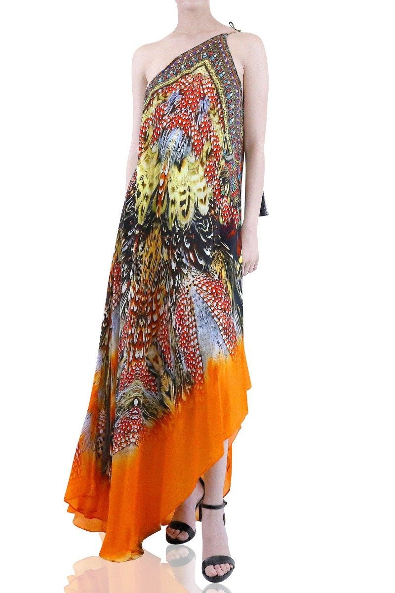  bright orange maxi dress, formal dresses for women, Shahida Parides, plunging neckline cocktail dress,