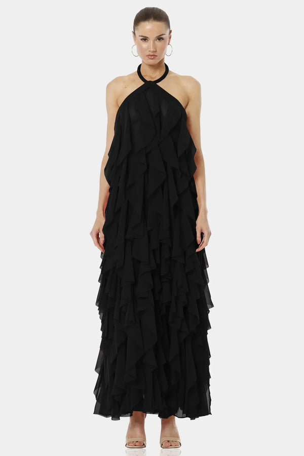 Black Halter Dress | Tiered Ruffle Dress | Long Maxi Dress | Qishma Medium Black Halter Dress | Tiered Ruffle Dress | Long Maxi Dress | Qishma Medium