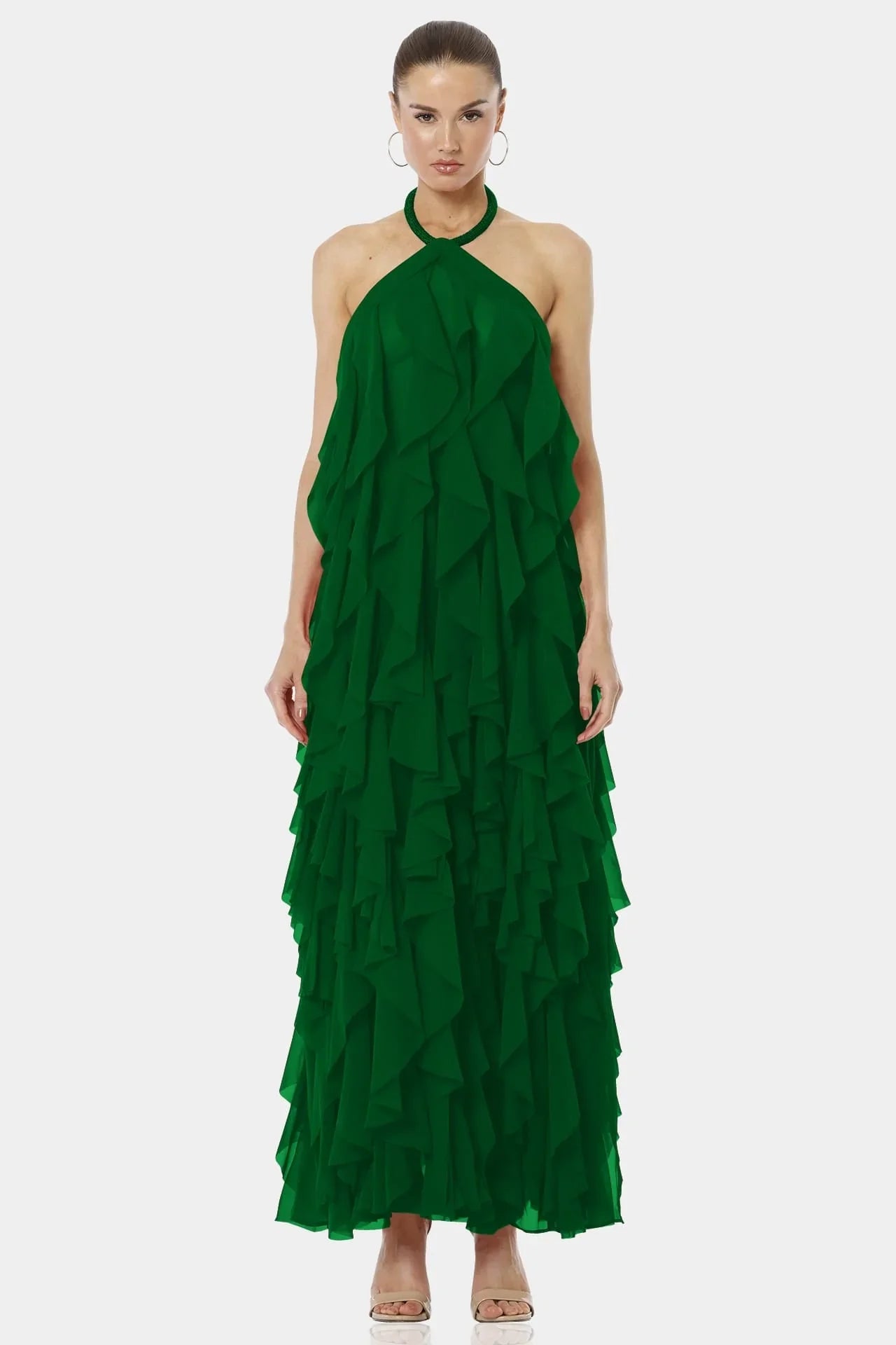 Green Ruffle Dress | Tiered Ruffle Dress | Long Maxi Dress | Qishma Large