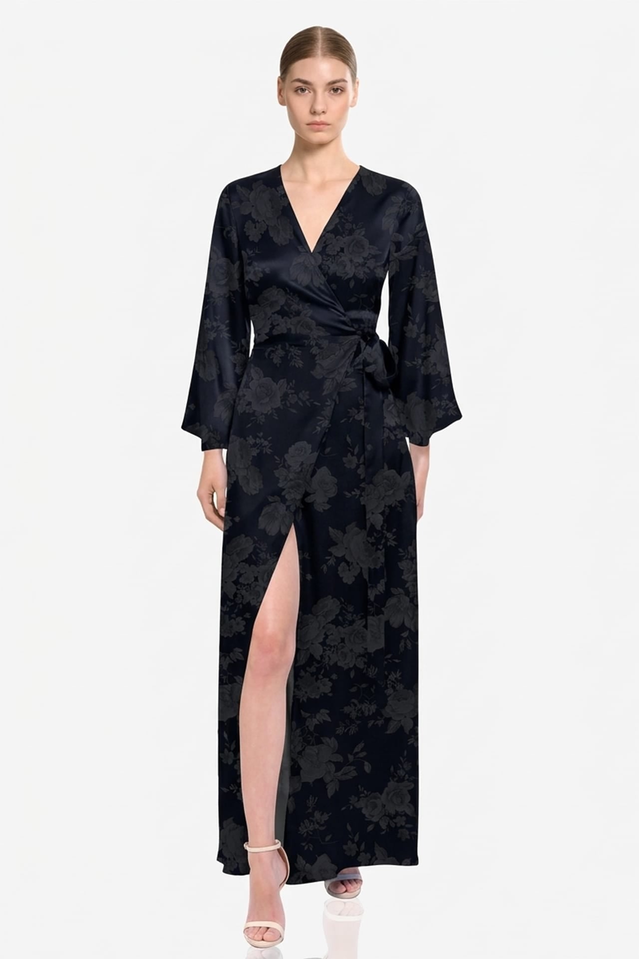 black satin wedding guest dress Black Satin Wrap Maxi Dress